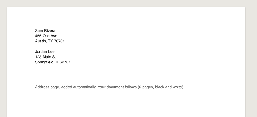 Print preview of the address page Sendpaper adds in front of an uploaded PDF, showing the return address, the recipient's address and the note: Address page, added automatically. Your document follows (6 pages, black and white).
